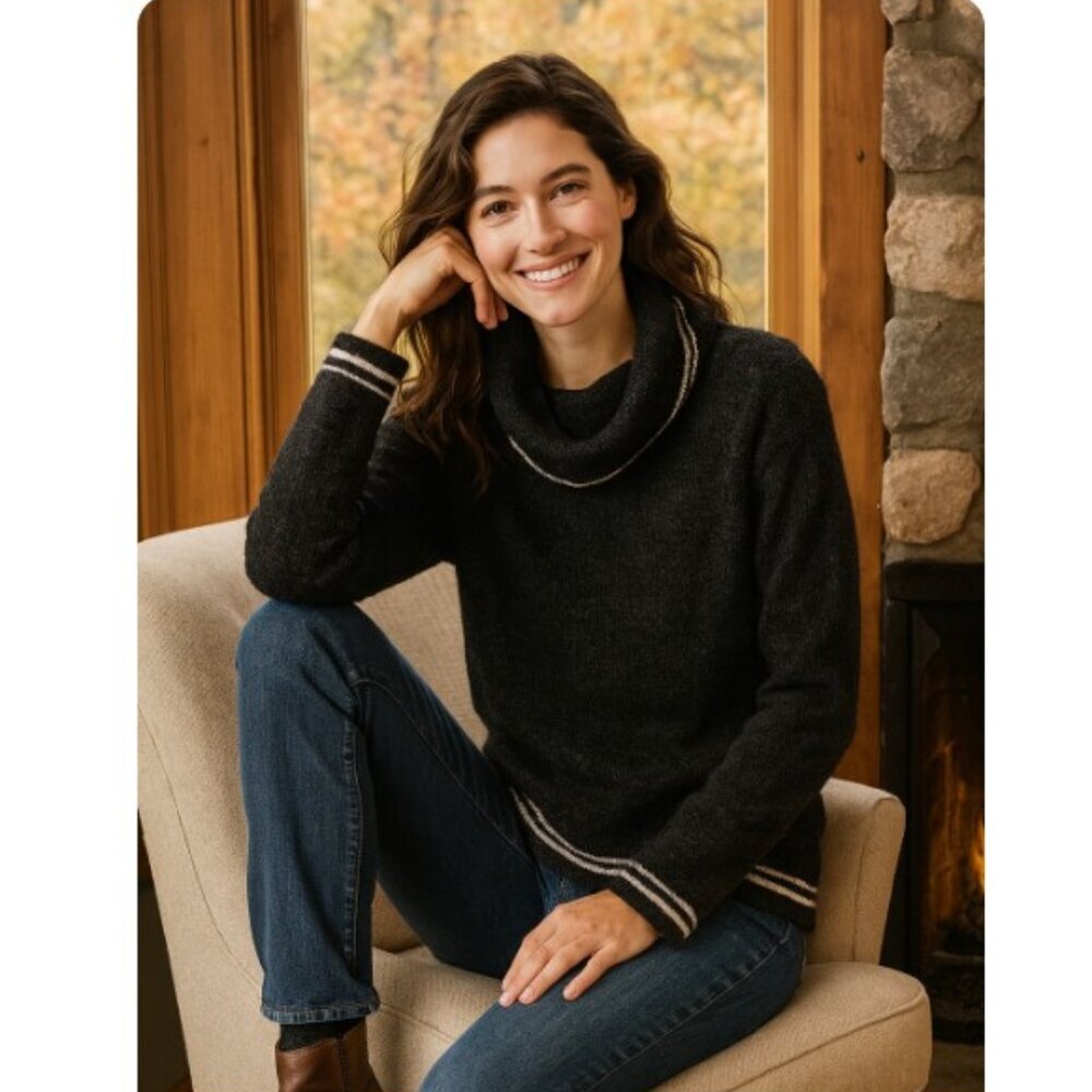 Rachel Zoe Black with White Trim Chenille Turtleneck Cowl Sweater